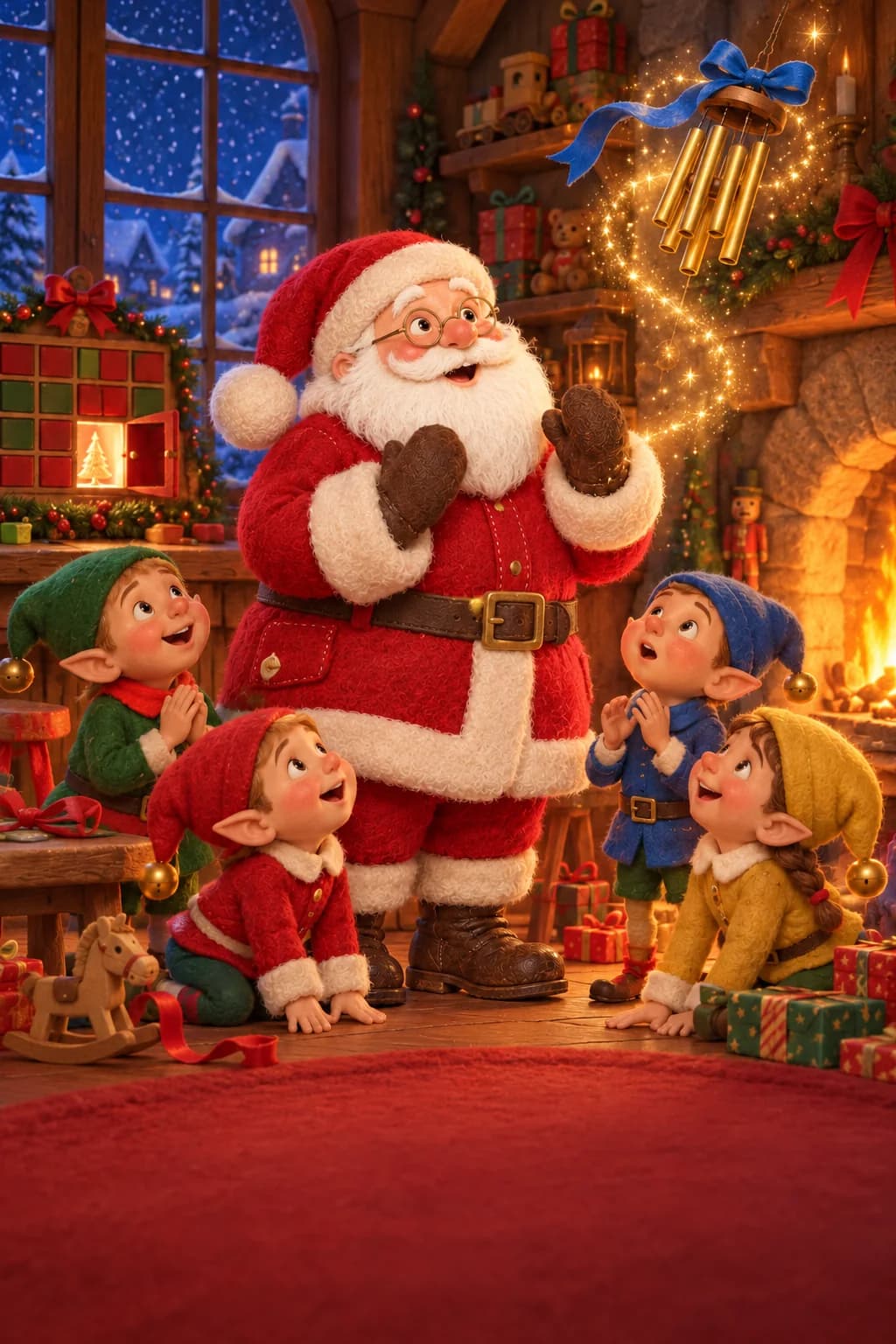 Le Père Noël et les lutins regardent Clochette s’envoler près de la grande cheminée.