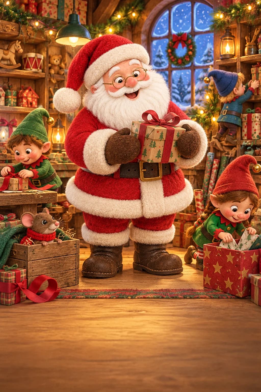 Le Père Noël et les lutins cherchent dans un atelier rempli de cadeaux, tandis que Moka observe depuis une boîte.