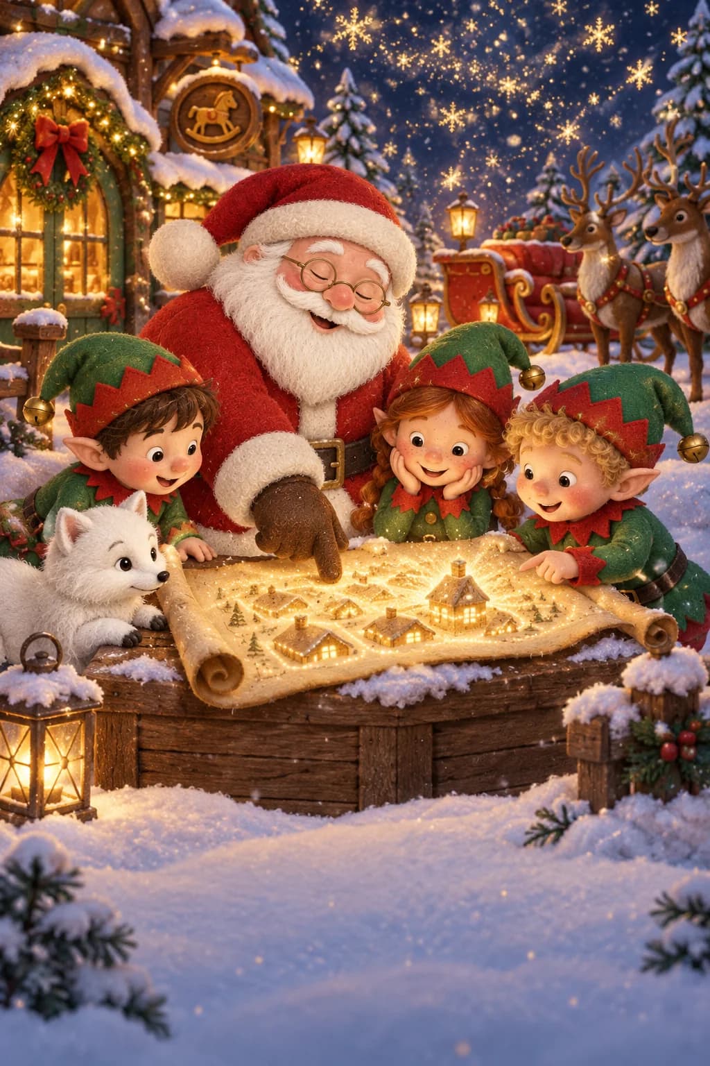 Le Père Noël et trois lutins observent une carte lumineuse devant l’atelier enneigé.