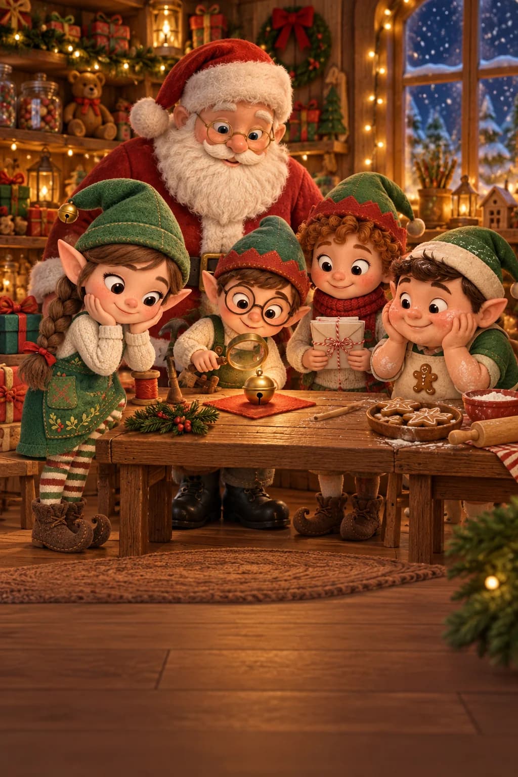 Le Père Noël et quatre lutins examinent un grelot doré silencieux dans l’atelier illuminé.
