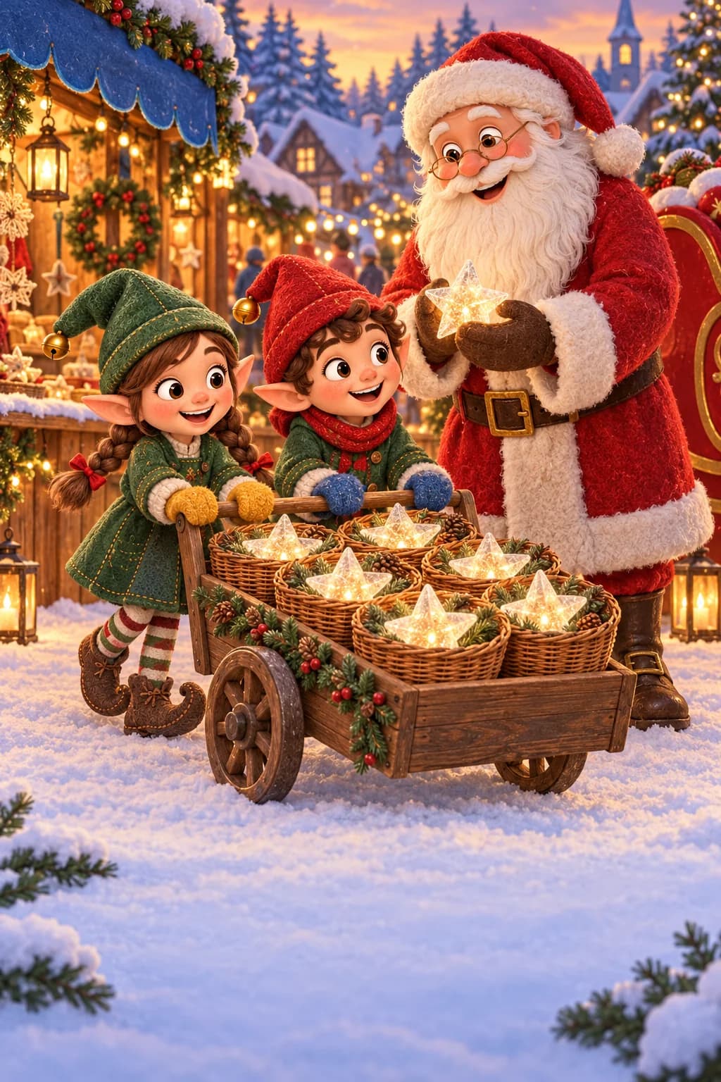 Deux jeunes lutins poussent six paniers lumineux devant le marché de Noël enneigé.