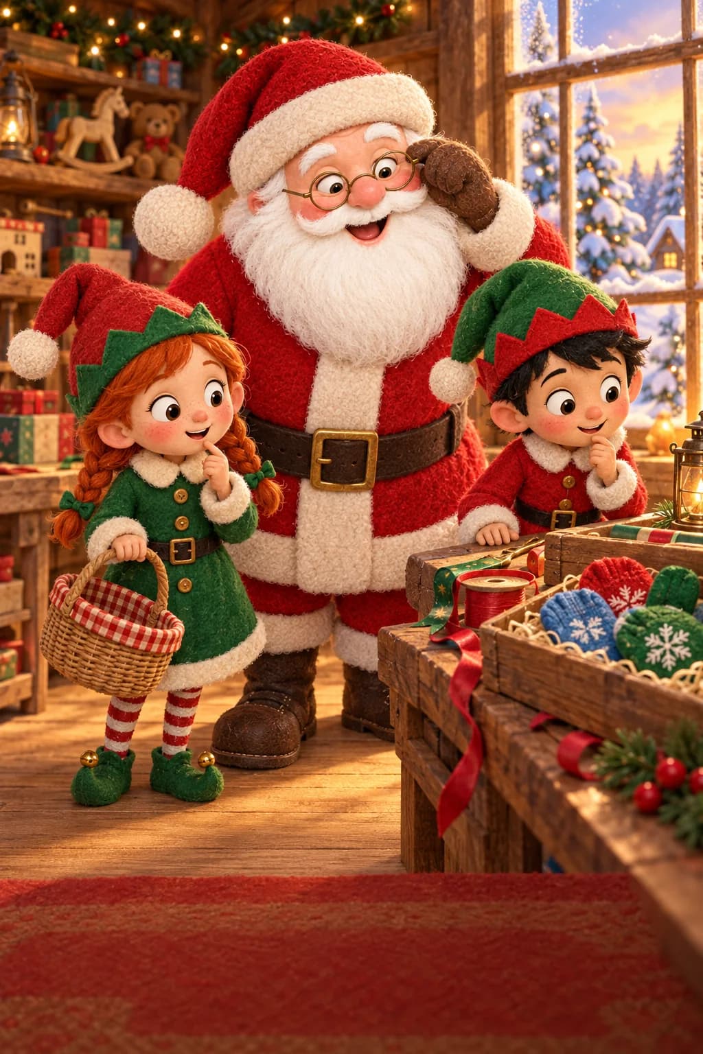 Le Père Noël et deux jeunes lutins regardent une corbeille vide dans leur atelier éclairé.