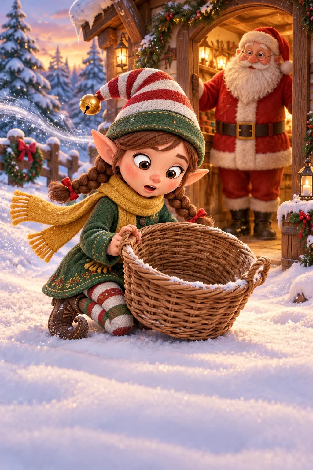 Malice regarde un panier vide dans la neige, tandis que le Père Noël attend devant son atelier.