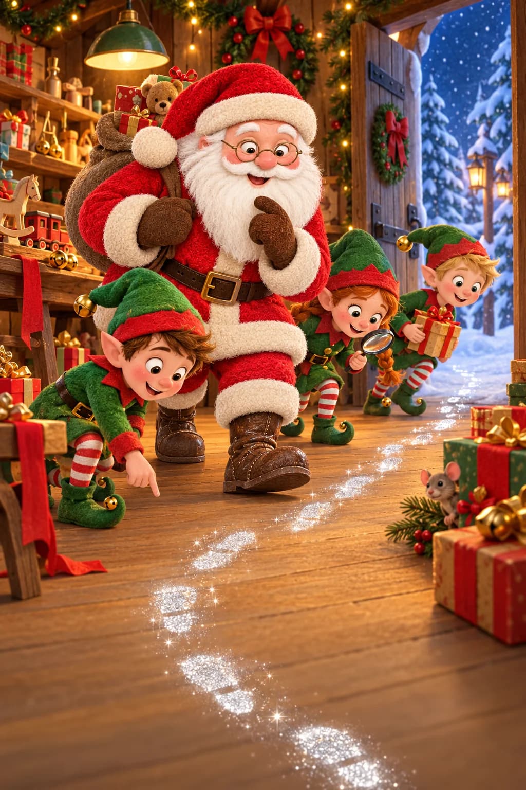Le Père Noël et trois lutins suivent des traces argentées dans son atelier enneigé.