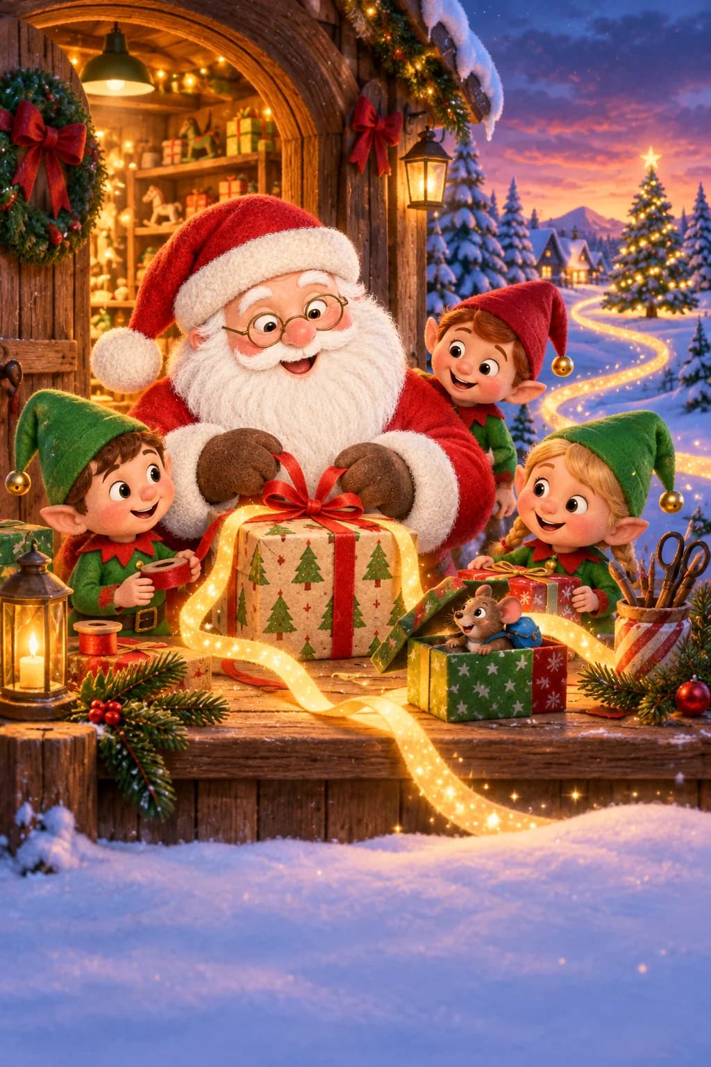 Le Père Noël et trois lutins suivent des rubans lumineux entre l’atelier chaud et le sapin enneigé.