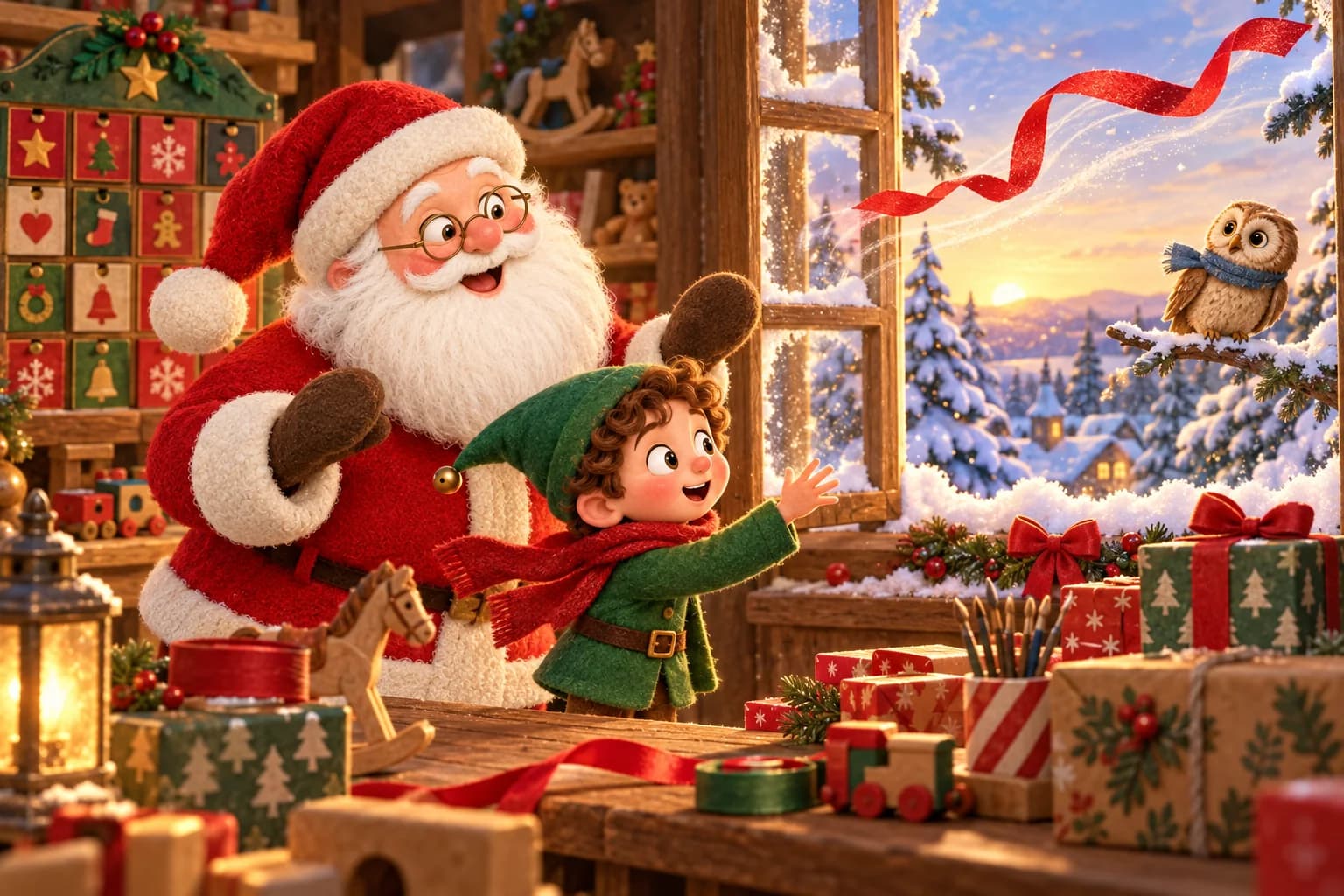 Dans l’atelier de Noël, Malo et le Père Noël regardent un ruban rouge s’envoler par la fenêtre, tandis que Plume observe.