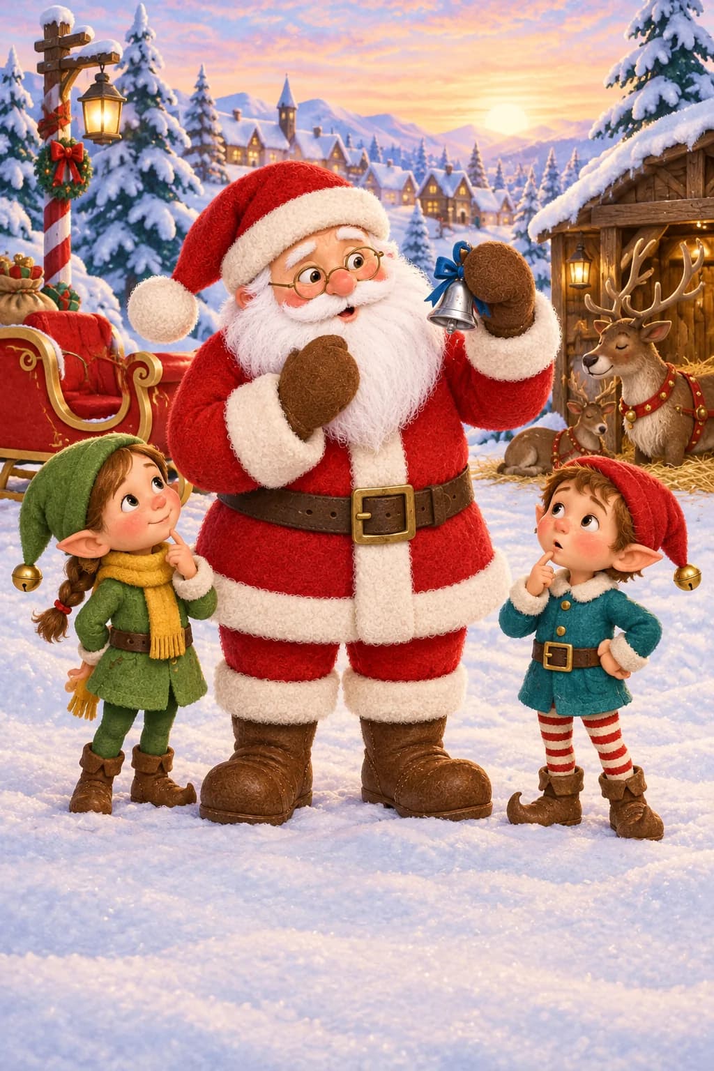 Le Père Noël tient une petite cloche silencieuse devant son traîneau, entouré de deux lutins dans la neige.