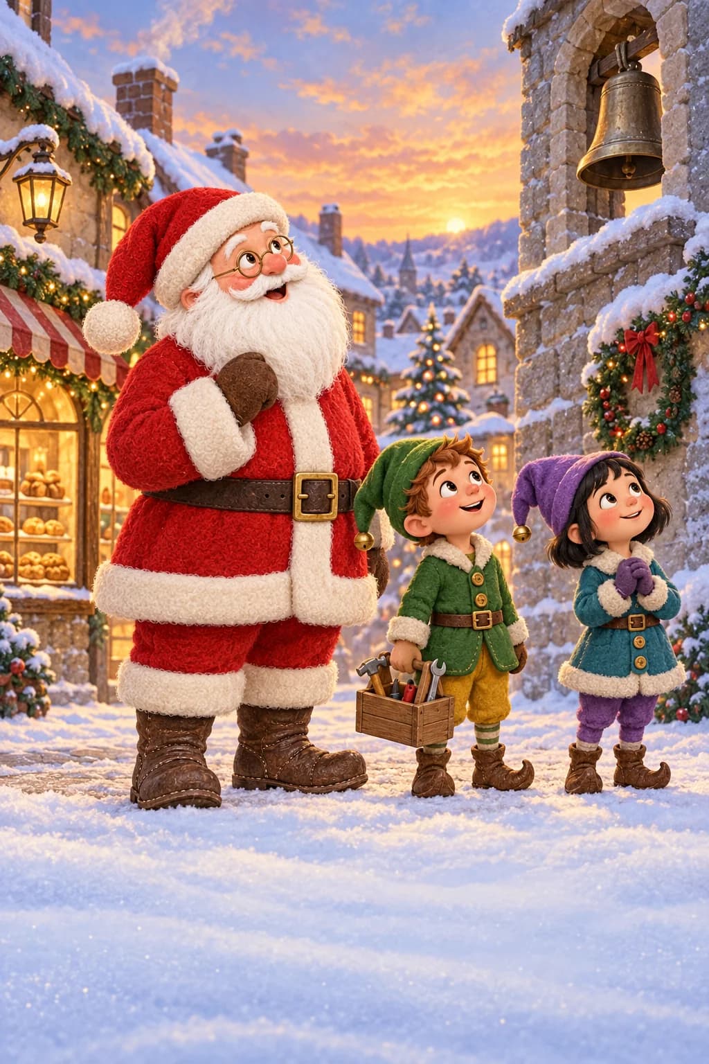Le Père Noël et ses deux lutins regardent la grande cloche au-dessus de la place enneigée.
