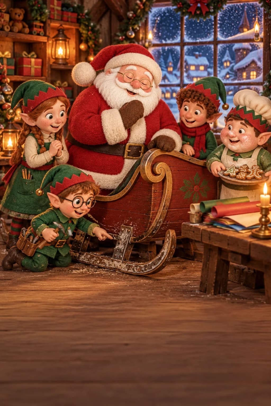 Le Père Noël et quatre lutins entourent un vieux traîneau dans l’atelier illuminé.