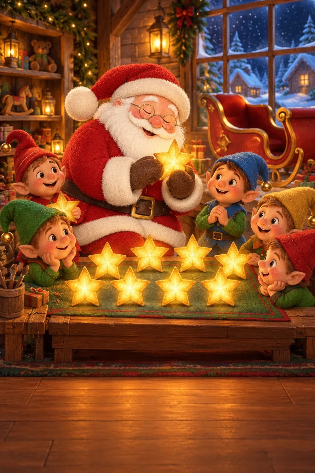 Le Père Noël et ses lutins entourent huit étoiles brillantes dans l’atelier enneigé.