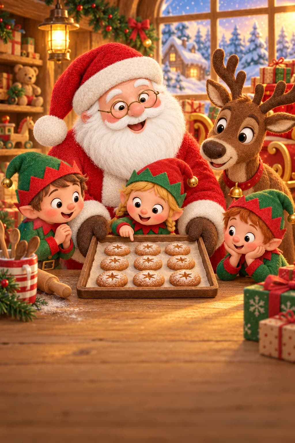 Le Père Noël, trois lutins et Biscotte entourent un plateau de neuf biscuits dans l’atelier enneigé.