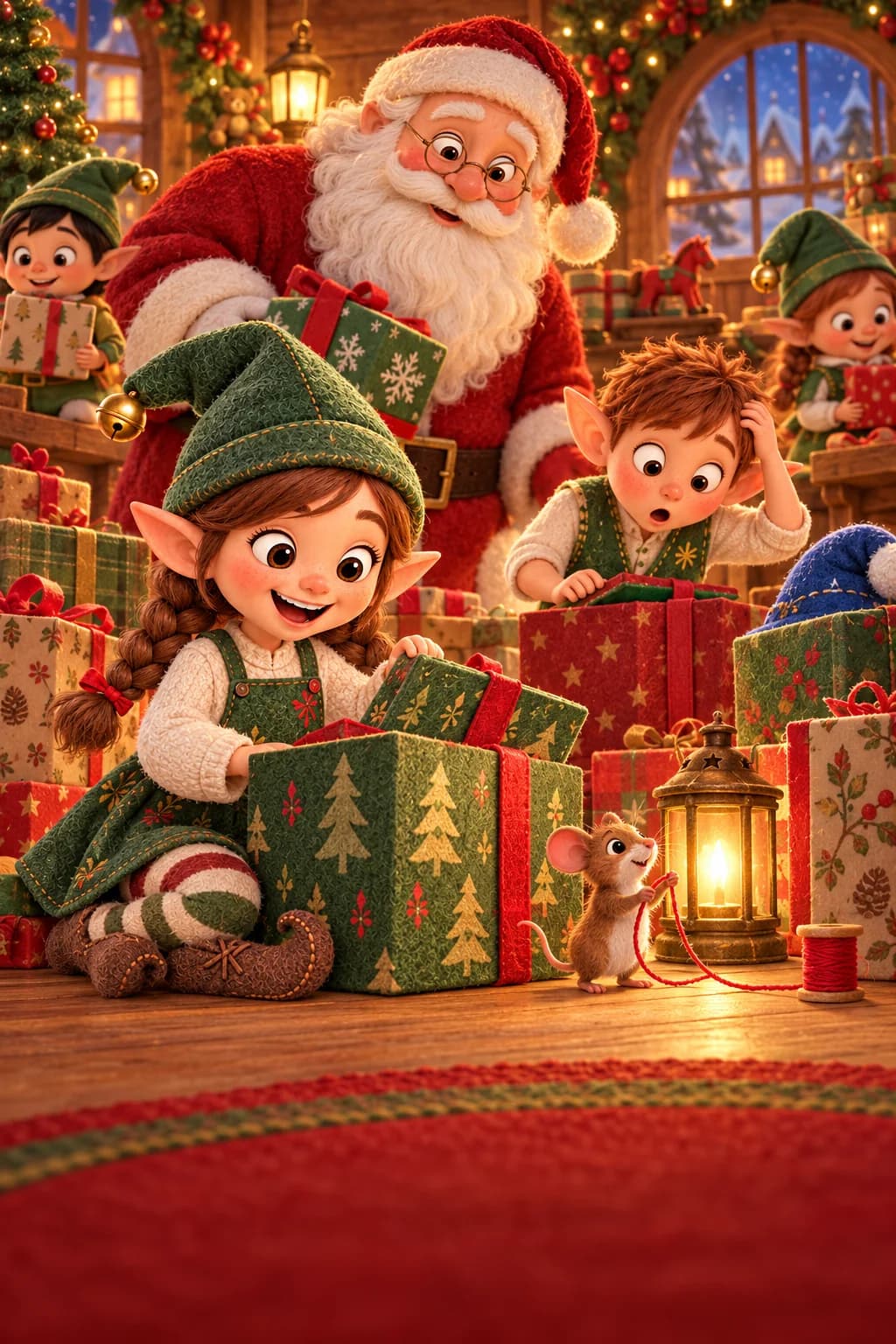 Le Père Noël et les lutins cherchent un bonnet bleu caché parmi les cadeaux.