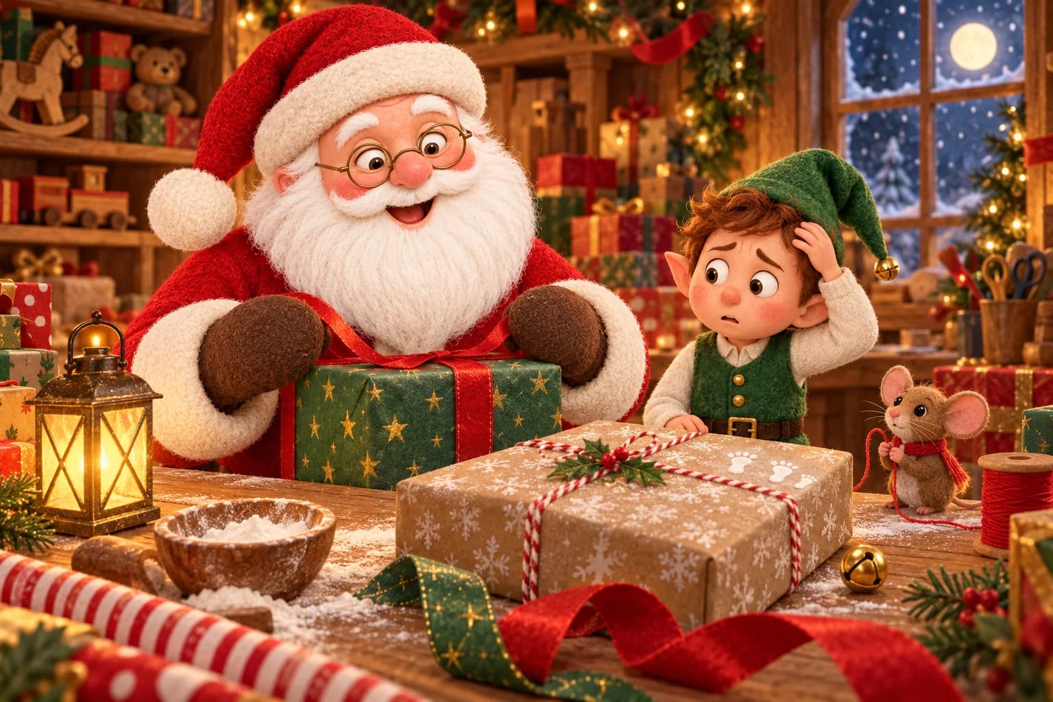 Dans l’atelier de Noël, le Père Noël ajuste ses lunettes tandis que Nino cherche son bonnet bleu parmi les cadeaux.