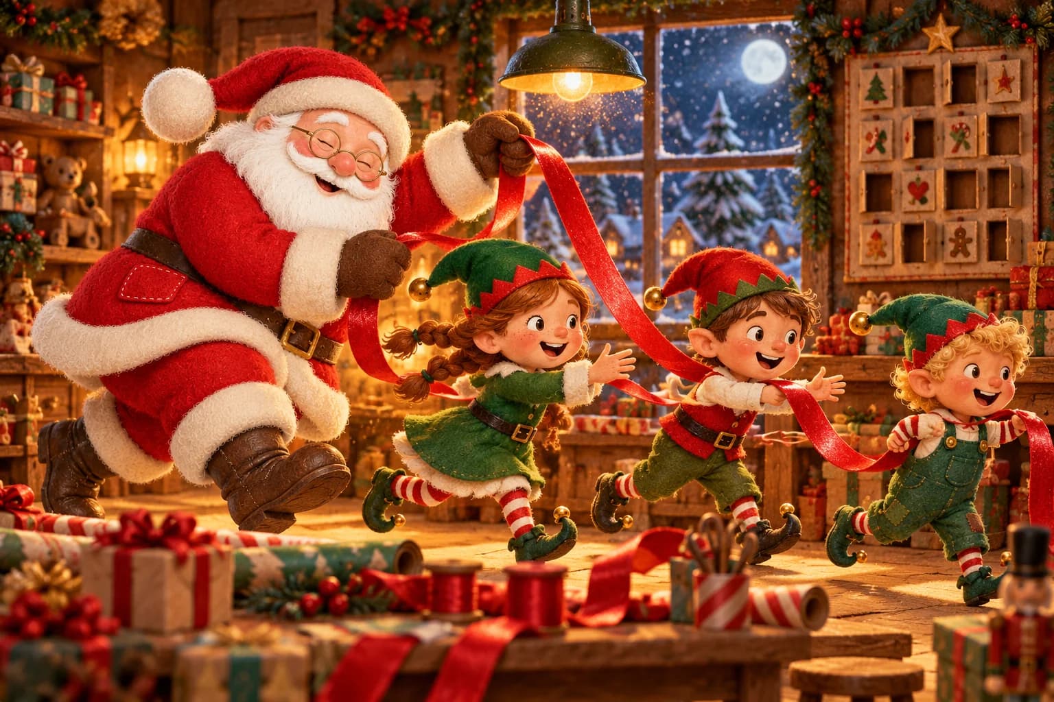 Dans l’atelier de Noël, le Père Noël et trois lutins poursuivent un long ruban rouge entre les cadeaux.