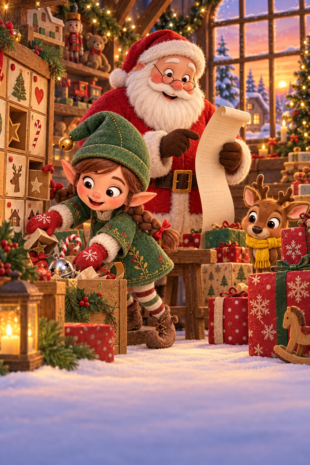 Zélie cherche une clochette parmi les cadeaux tandis que le Père Noël surveille l’atelier enneigé.