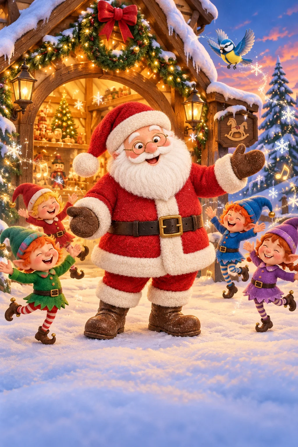 Le Père Noël et les lutins dansent devant l’atelier sous des flocons lumineux.