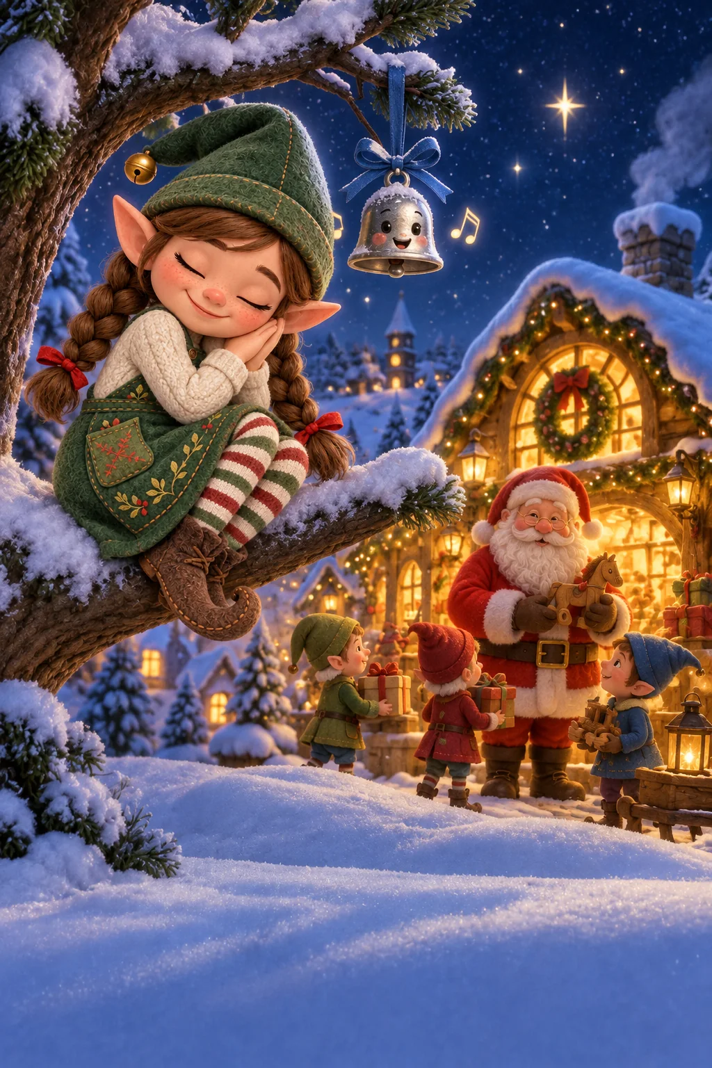 Miette, a tiny silver bell, listens to falling snow beside Santa’s glowing village workshop.