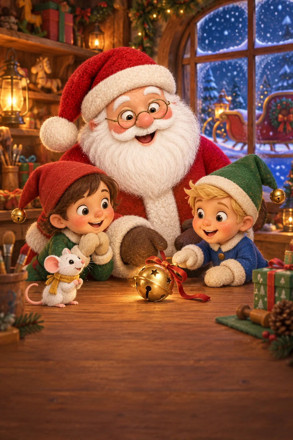 Le Père Noël et deux lutins découvrent un grelot doré près d’une fenêtre enneigée.