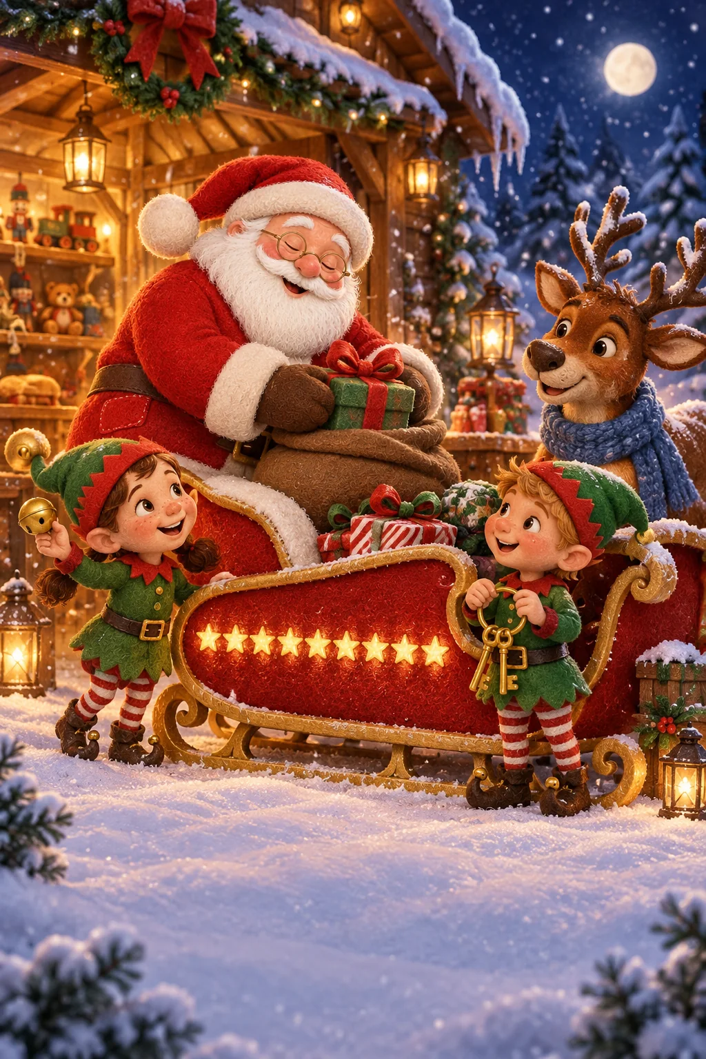 Le Père Noël et ses lutins entourent un traîneau rouge aux dix étoiles lumineuses.