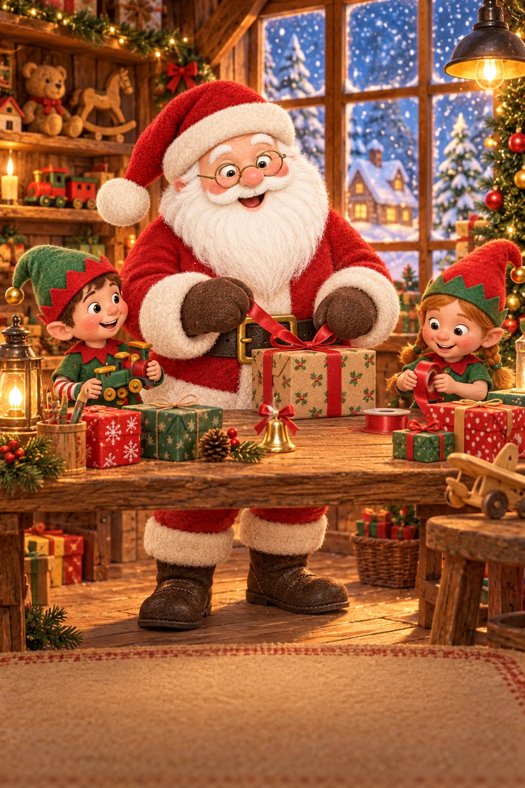 Le Père Noël et ses lutins préparent des cadeaux autour du minuscule grelot doré.