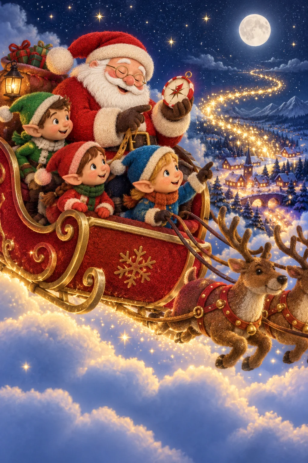 Le Père Noël tient une boussole en papier dans son traîneau au-dessus des nuages étoilés.