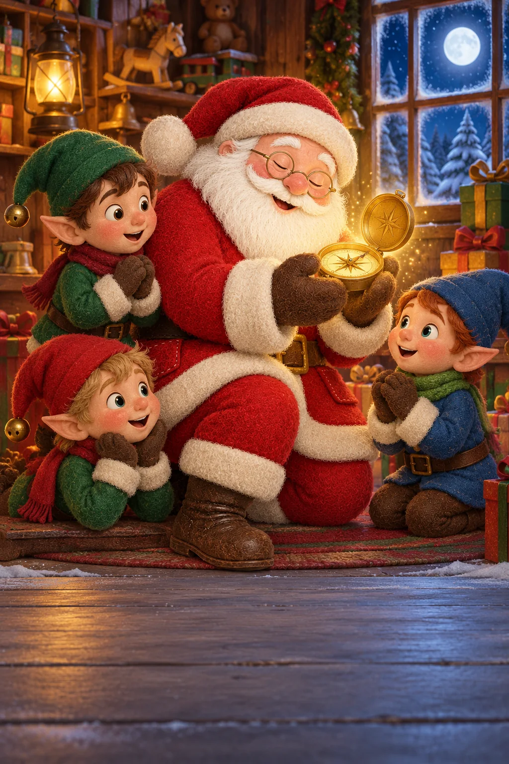 Le Père Noël tient une boussole lumineuse dans l’atelier enneigé, entouré de petits lutins émerveillés.