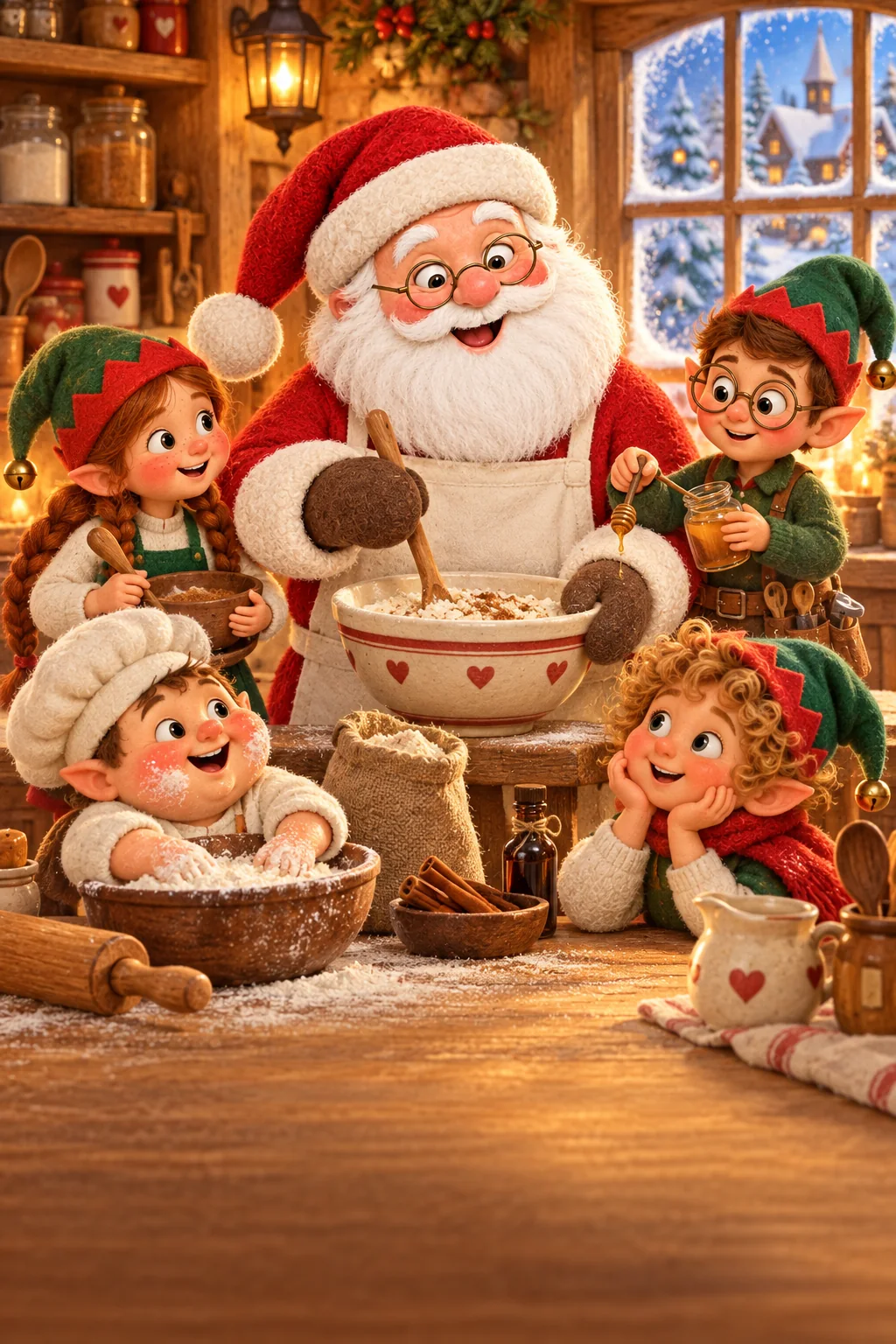 Le Père Noël et quatre lutins préparent une pâte mystérieuse dans la cuisine enneigée du village.