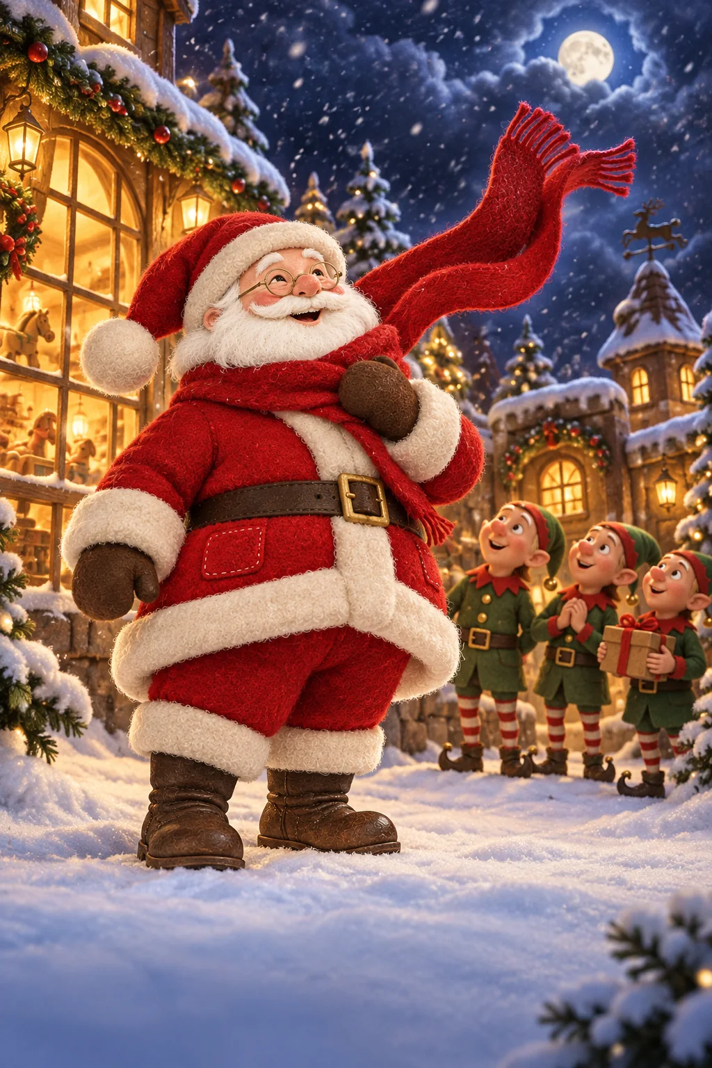 Le Père Noël regarde son écharpe rouge s’envoler au-dessus du village enneigé.