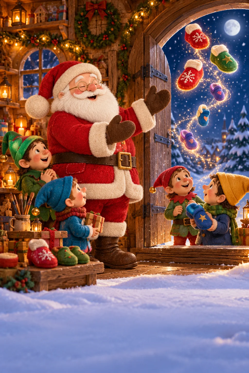Le Père Noël et les lutins regardent des chaussons colorés s’envoler vers la nuit enneigée.