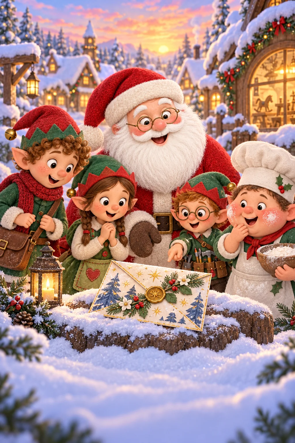 Le Père Noël et ses quatre lutins découvrent une enveloppe étoilée dans un village enneigé.