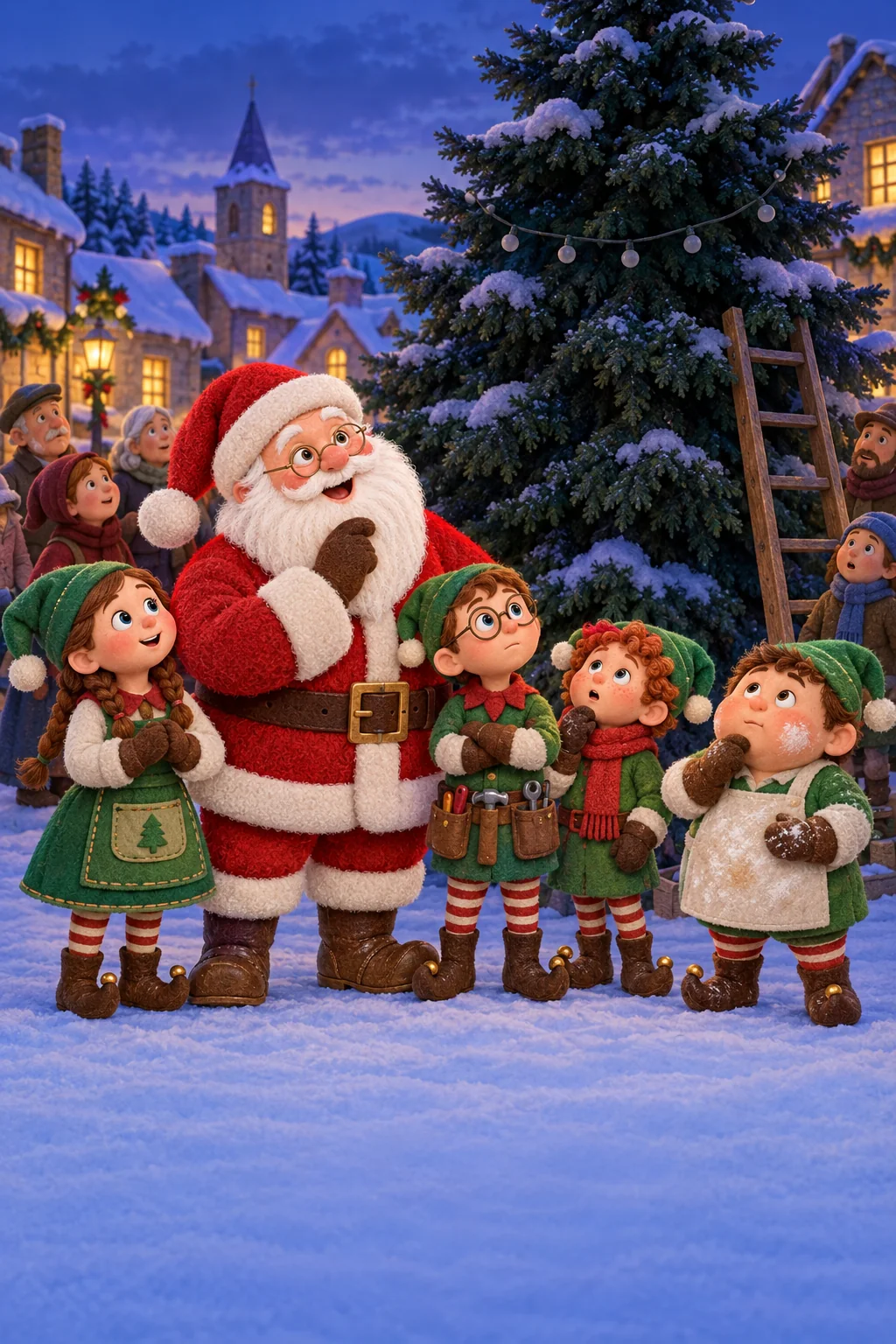 Le Père Noël et quatre lutins observent un grand sapin presque sombre dans la neige.