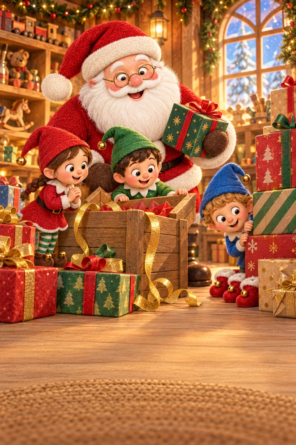 Le Père Noël et trois lutins cherchent des chaussons rouges cachés parmi les cadeaux.