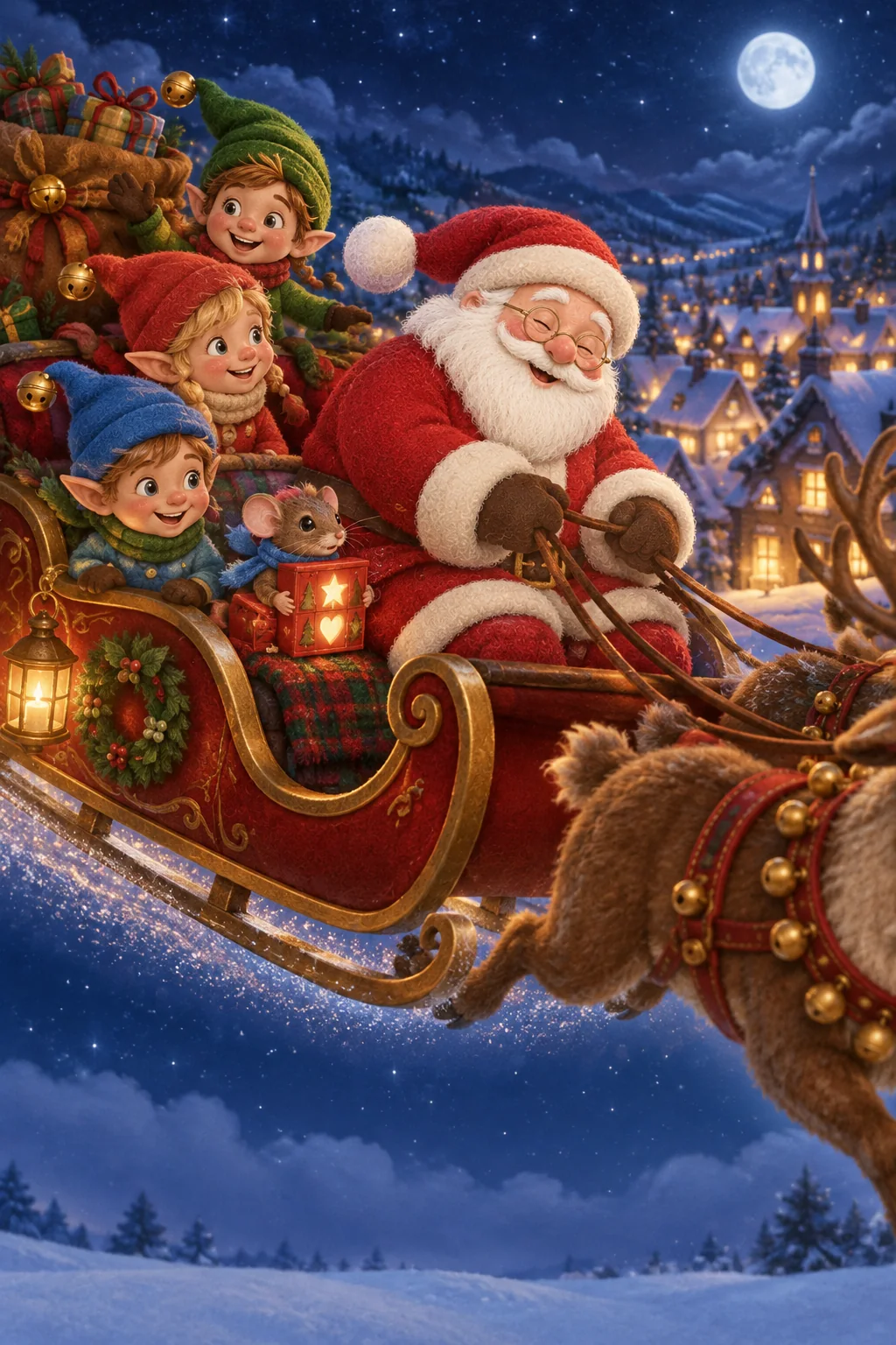 Le Père Noël, trois lutins et Mimo survolent un village enneigé aux fenêtres éclairées.