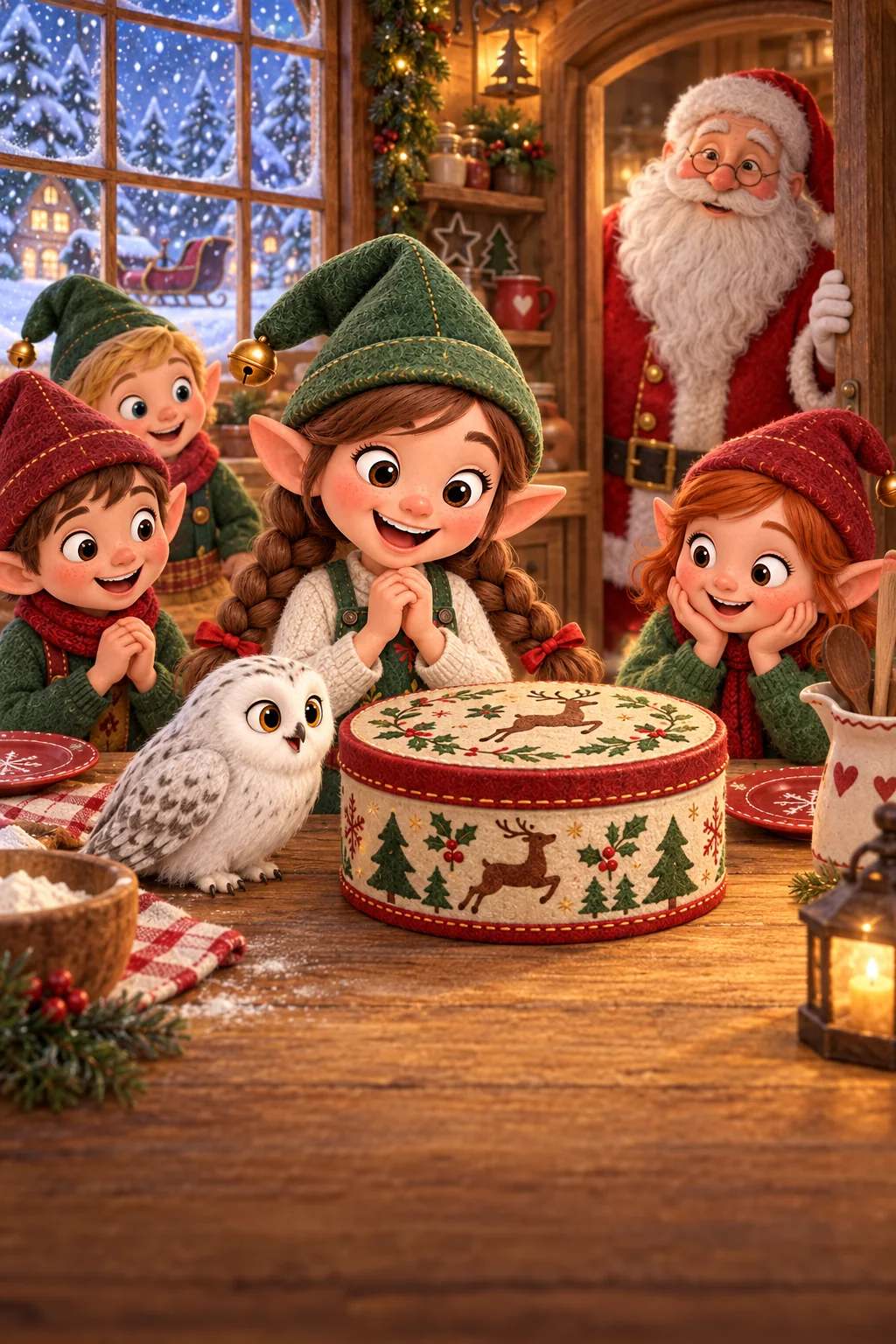 Les lutins entourent une boîte à biscuits, tandis que Biscotte et le Père Noël les regardent.