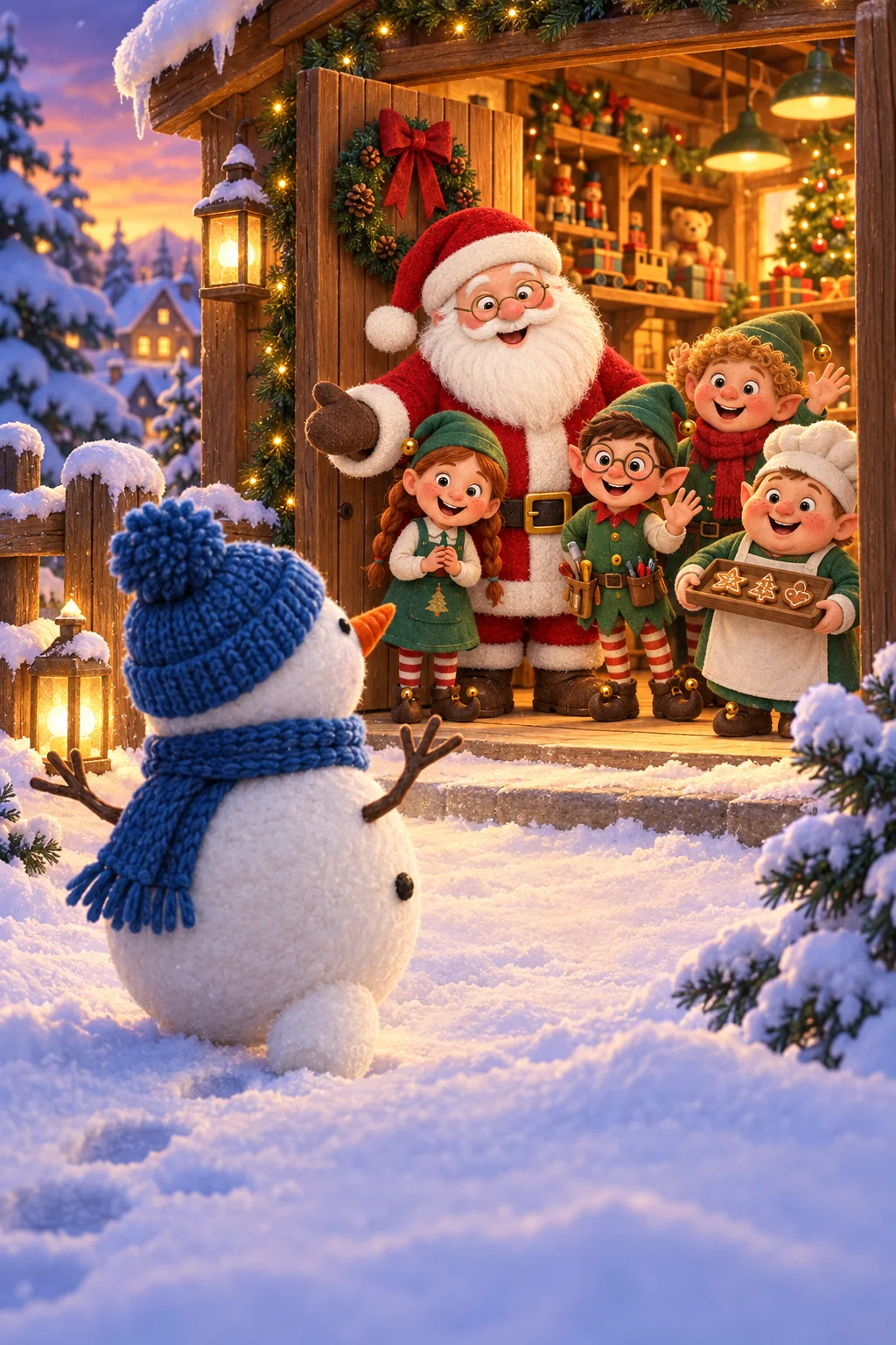 Un bonhomme de neige à un seul bouton avance dans la neige vers l’atelier éclairé.