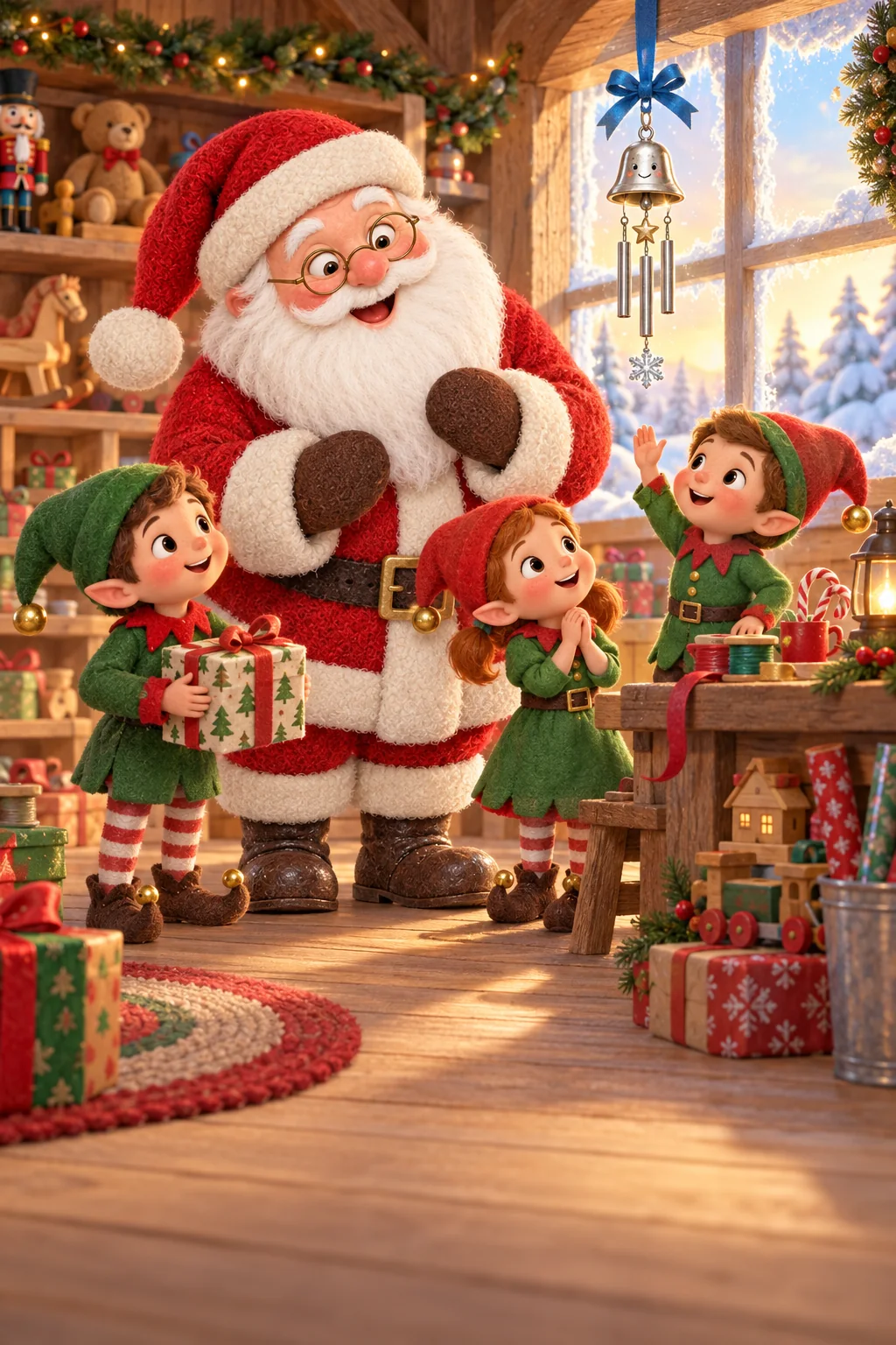 Le Père Noël et ses lutins entourent un petit carillon argenté dans l’atelier enneigé.