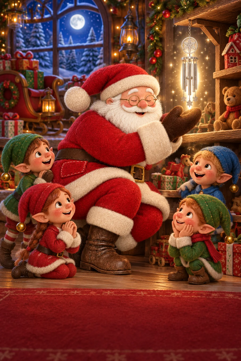 Le Père Noël et ses lutins découvrent un carillon argenté qui brille dans l’atelier enneigé.