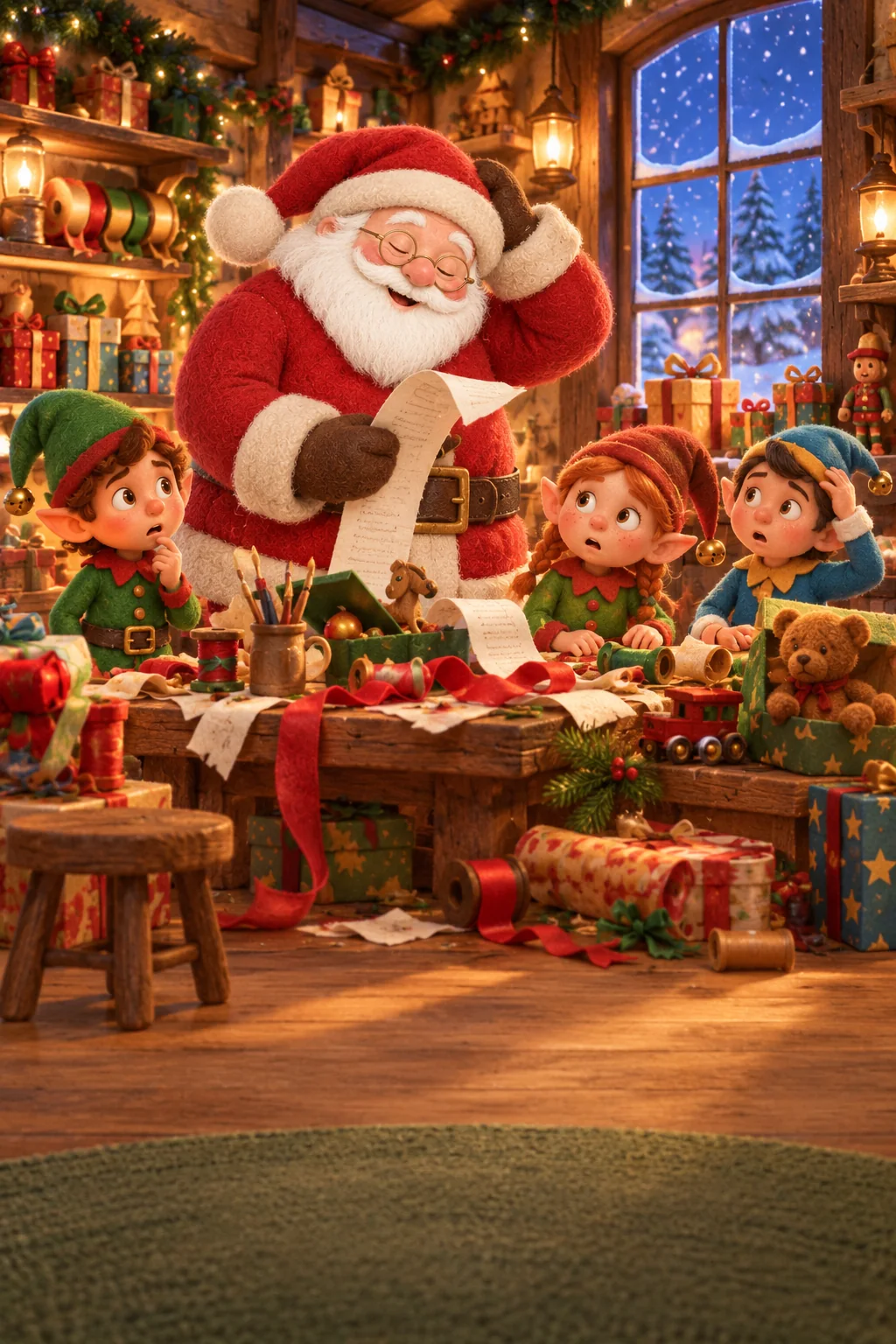 Le Père Noël et trois lutins découvrent le désordre coloré de l’atelier avant le départ.