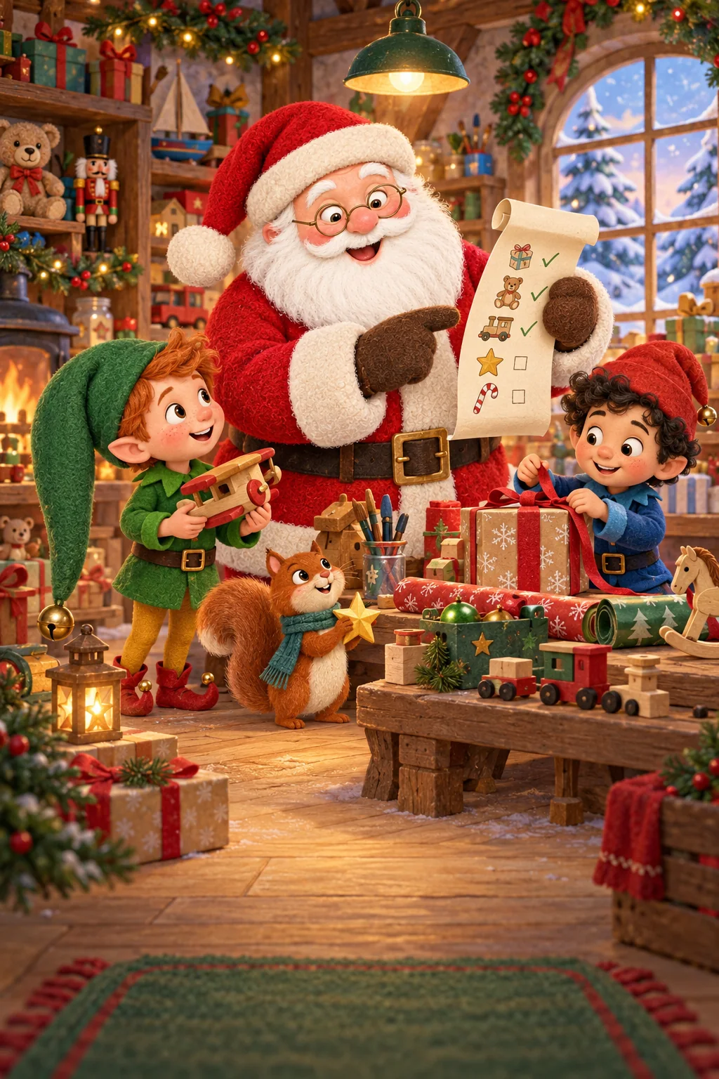 Le Père Noël et ses lutins cherchent parmi les cadeaux dans un atelier enneigé et joyeusement encombré.
