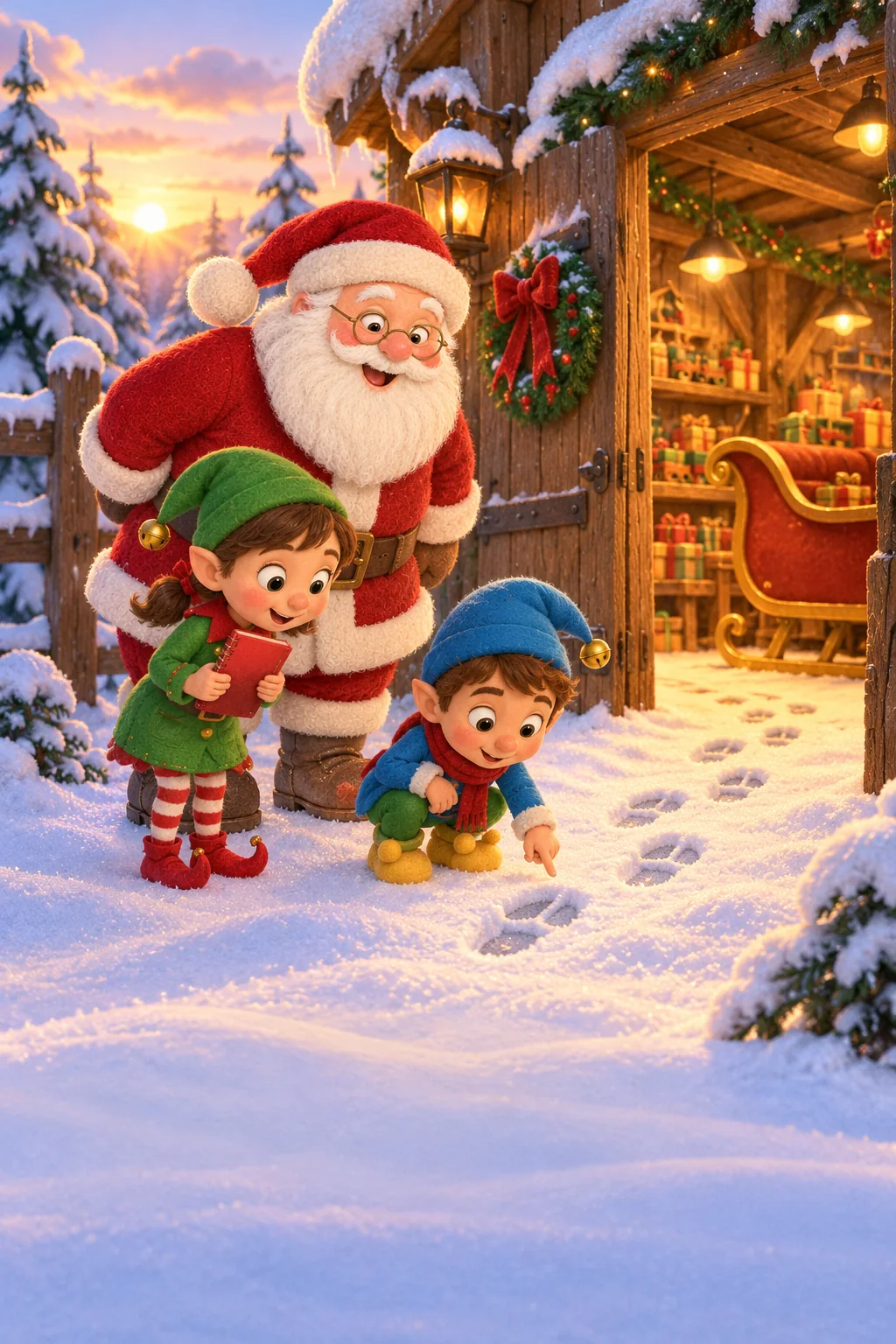 Le Père Noël et deux lutins observent des traces mystérieuses dans l’atelier enneigé.