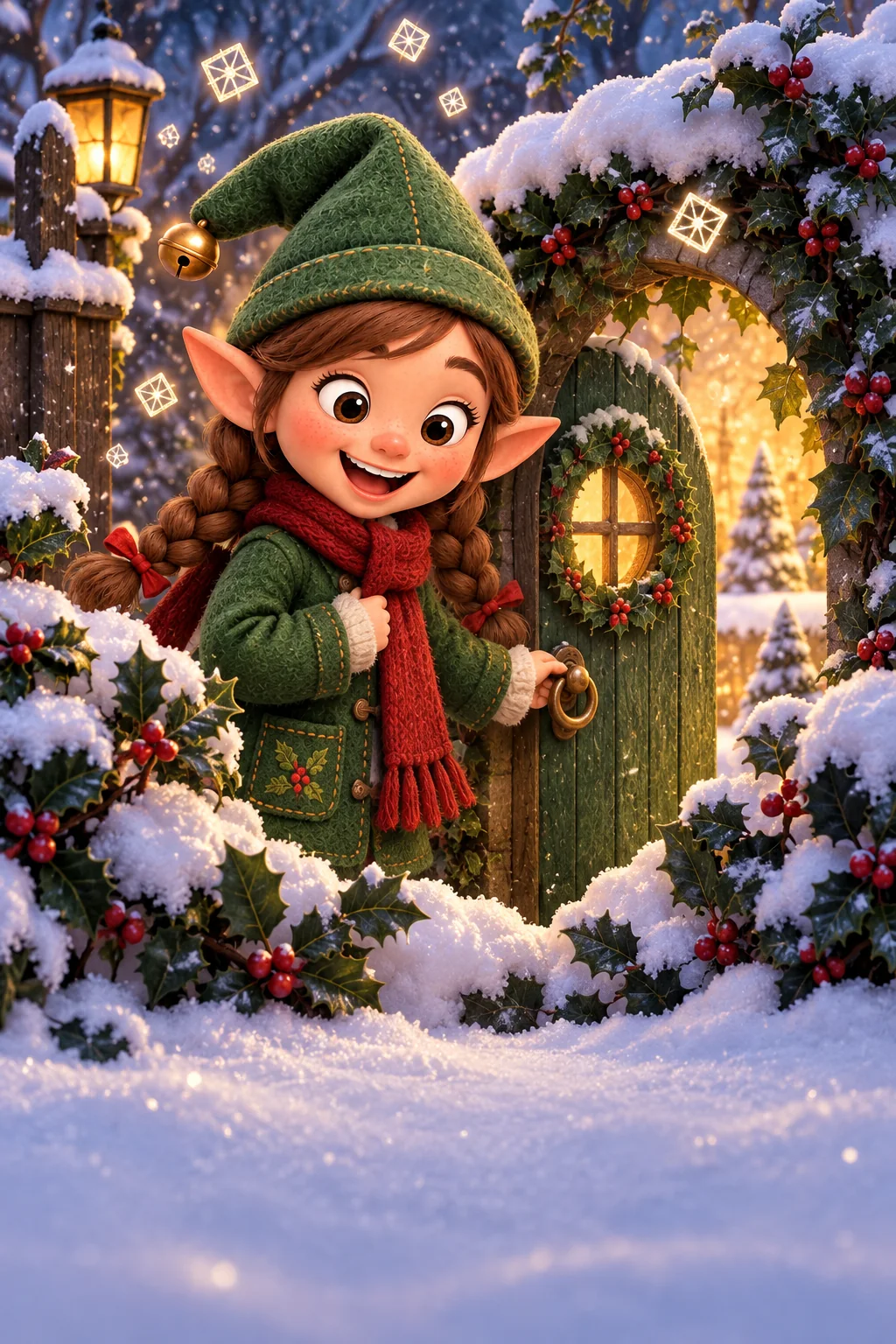 Nino découvre une petite porte verte derrière une haie enneigée, avec des flocons carrés lumineux.