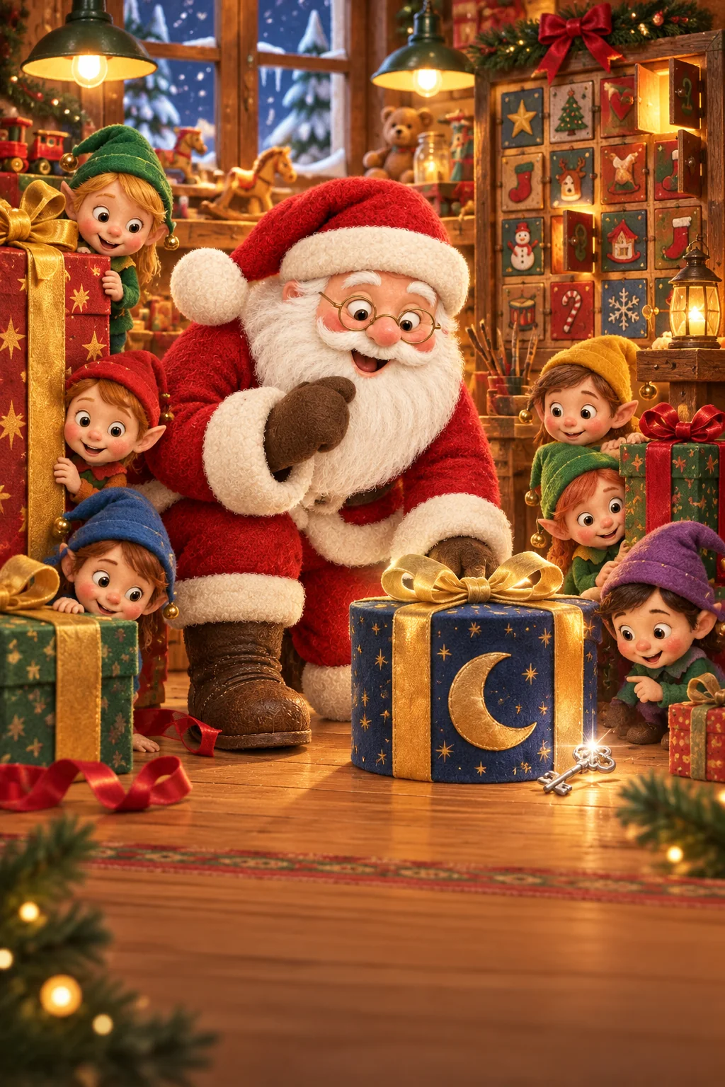 Le Père Noël et six lutins cherchent une minuscule clé argentée parmi les cadeaux illuminés.