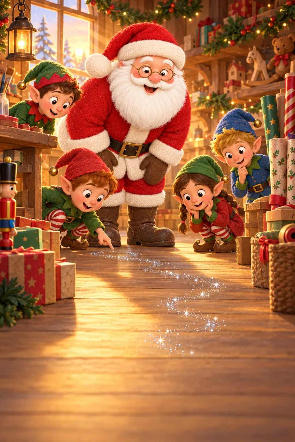 Le Père Noël et ses lutins observent des traces argentées serpentant dans l’atelier.