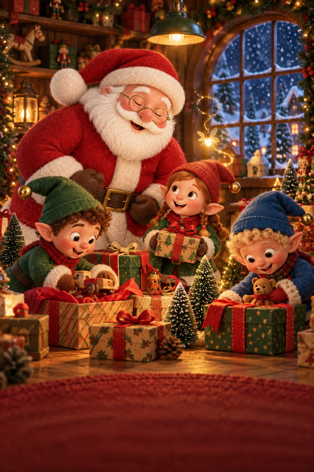 Le Père Noël et trois lutins cherchent une petite lumière dorée parmi les cadeaux illuminés.