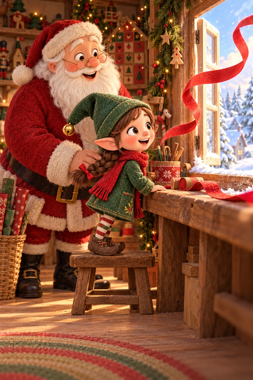 Un jeune lutin regarde un ruban rouge s’envoler par la fenêtre enneigée de l’atelier.