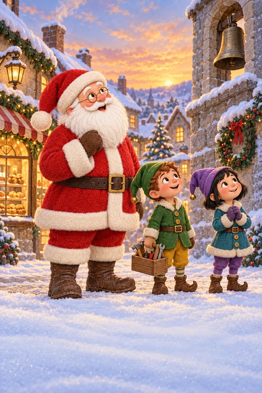 Le Père Noël et ses deux lutins regardent la grande cloche au-dessus de la place enneigée.