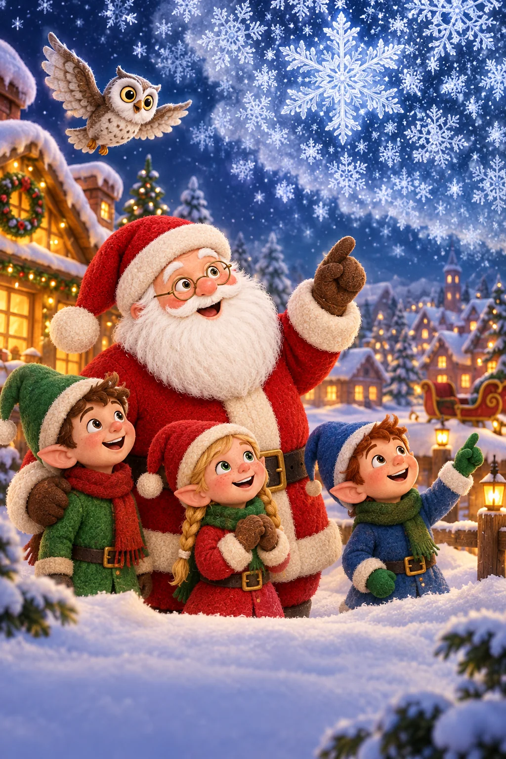 Le Père Noël et ses lutins observent un mystérieux nuage de flocons au-dessus du village.