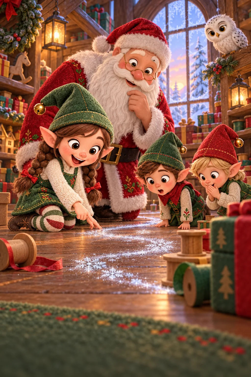 Le Père Noël et les lutins découvrent des chemins argentés entre les cadeaux et les bobines vides.