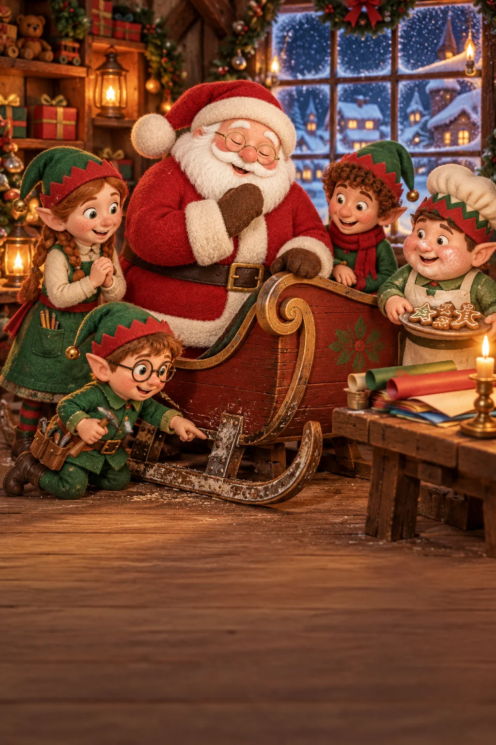 Le Père Noël et quatre lutins entourent un vieux traîneau dans l’atelier illuminé.