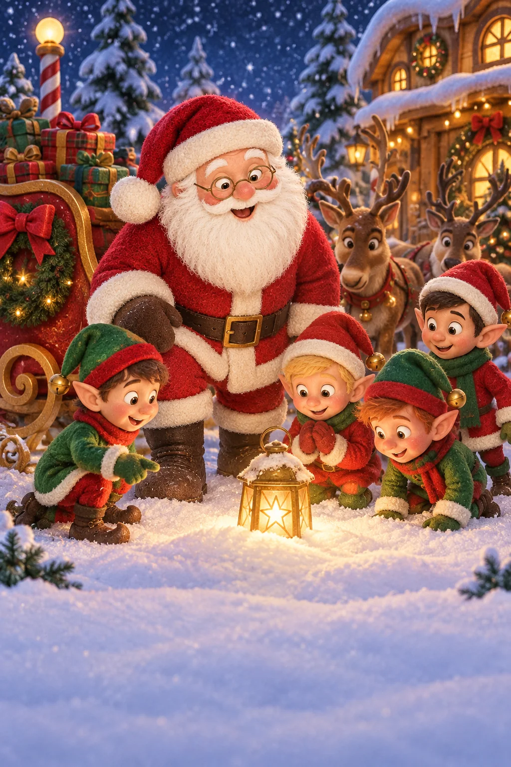 Le Père Noël et quatre lutins observent une lanterne dorée dans la cour enneigée.